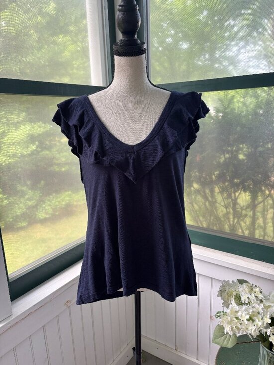 White House Black Market Tops - White House Black Market Navy Ruffle V-Neck Top L Like New